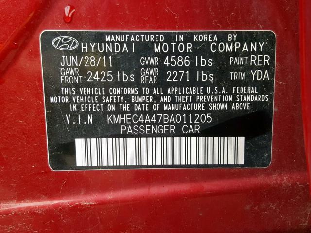 KMHEC4A47BA011205 - 2011 HYUNDAI SONATA HYB RED photo 10