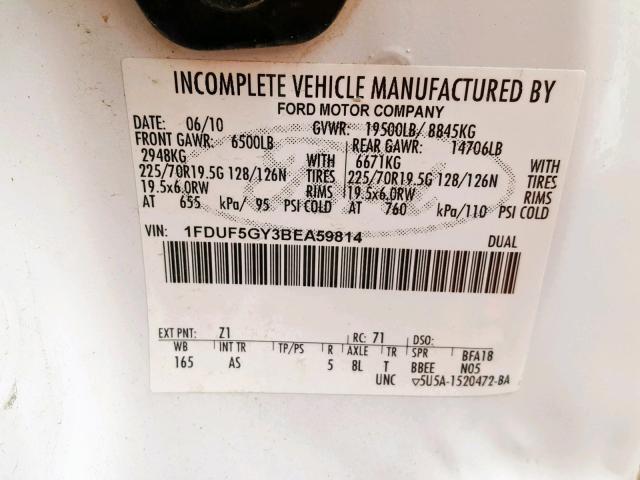 1FDUF5GY3BEA59814 - 2011 FORD F550 SUPER WHITE photo 10