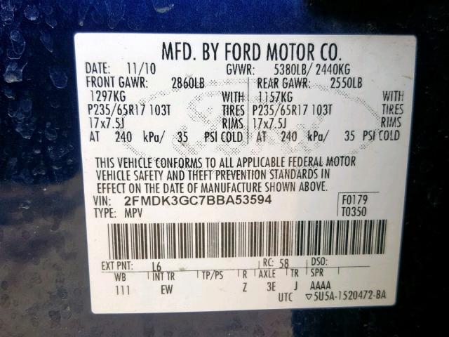 2FMDK3GC7BBA53594 - 2011 FORD EDGE SE BLUE photo 10