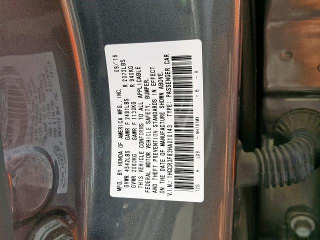 1HGCR3F83HA010143 - 2017 HONDA ACCORD EXL CHARCOAL photo 10