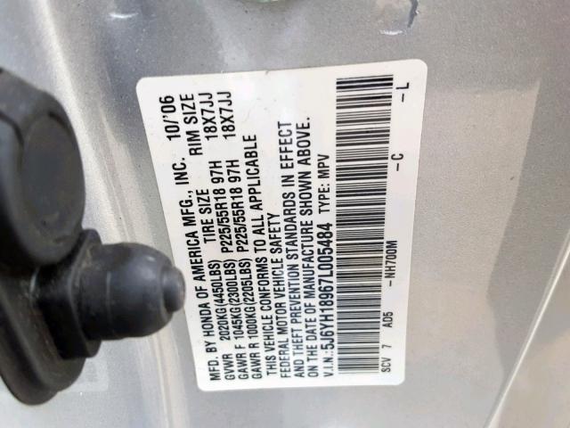 5J6YH18967L005484 - 2007 HONDA ELEMENT SC SILVER photo 10