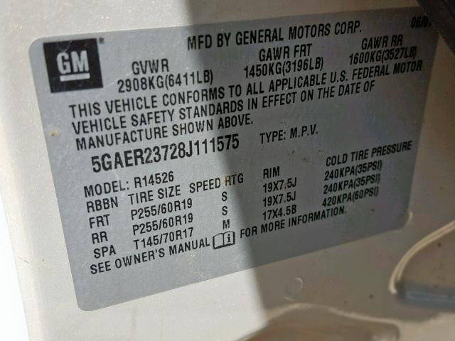 5GAER23728J111575 - 2008 BUICK ENCLAVE CX GOLD photo 10