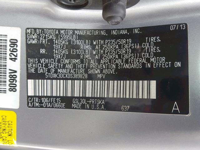 5TDXK3DCXDS389828 - 2013 TOYOTA SIENNA SPO SILVER photo 10