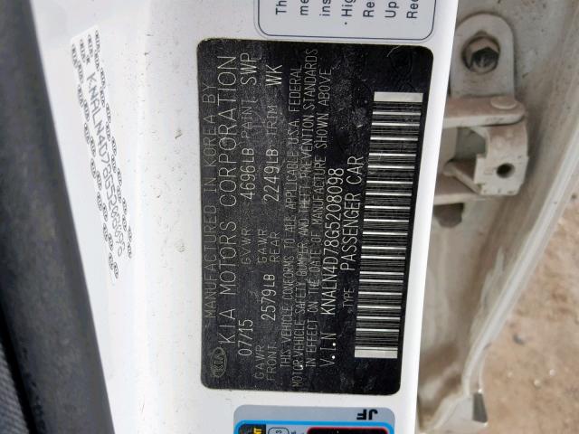 KNALN4D78G5208098 - 2016 KIA CADENZA LU WHITE photo 10