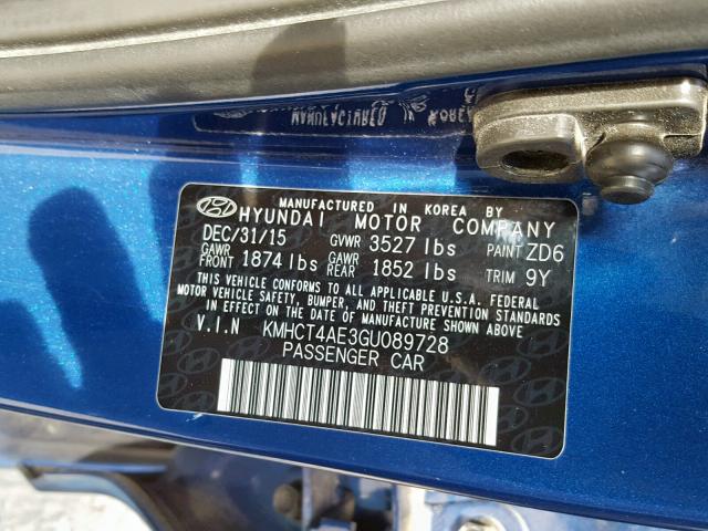 KMHCT4AE3GU089728 - 2016 HYUNDAI ACCENT SE BLUE photo 10