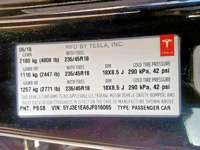 5YJ3E1EA6JF016065 - 2018 TESLA MODEL 3 BLACK photo 10