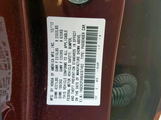 1HGCR2F84EA097492 - 2014 HONDA ACCORD EXL BURGUNDY photo 10