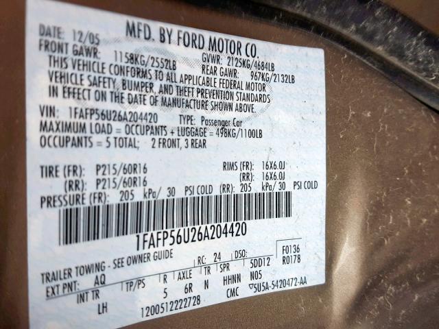 1FAFP56U26A204420 - 2006 FORD TAURUS SEL TAN photo 10