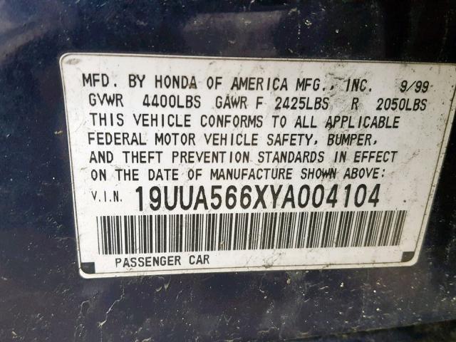 19UUA566XYA004104 - 2000 ACURA 3.2TL BLUE photo 10