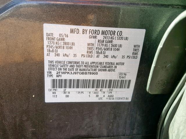 2FMPK3J97GBB78905 - 2016 FORD EDGE SEL CHARCOAL photo 10