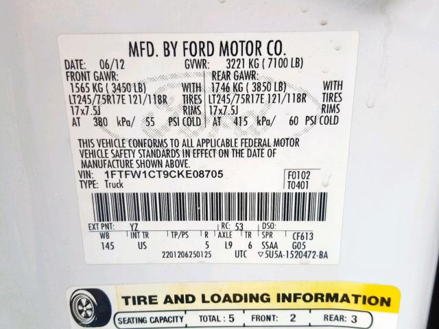 1FTFW1CT9CKE08705 - 2012 FORD F150 SUPER WHITE photo 10