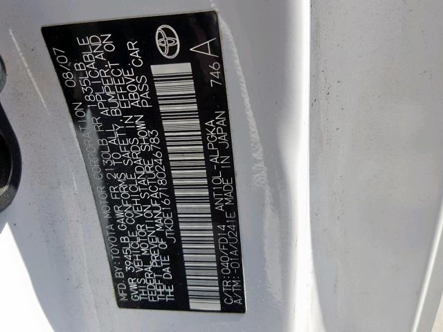 JTKDE167180246783 - 2008 TOYOTA SCION TC თეთრი ფოტო 10