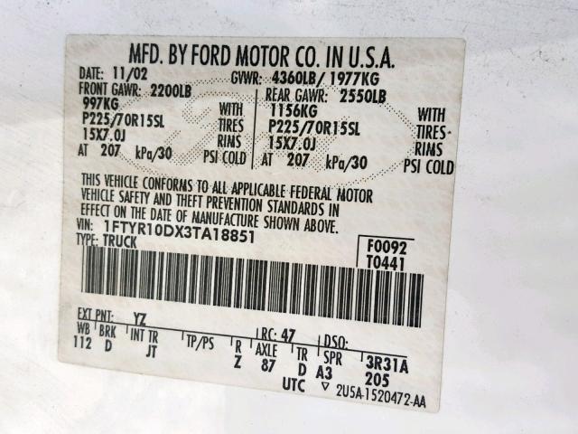 1FTYR10DX3TA18851 - 2003 FORD RANGER WHITE photo 10