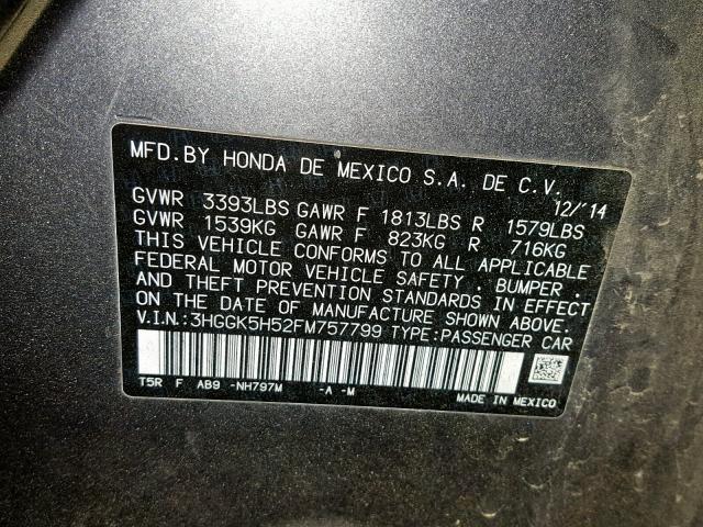 3HGGK5H52FM757799 - 2015 HONDA FIT LX GRAY photo 10