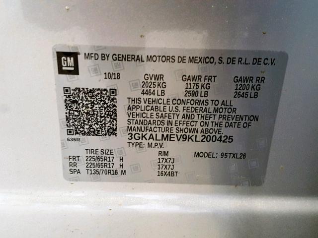 3GKALMEV9KL200425 - 2019 GMC TERRAIN SL SILVER photo 10