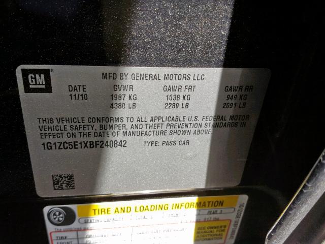 1G1ZC5E1XBF240842 - 2011 CHEVROLET MALIBU 1LT 黑色 照片 10