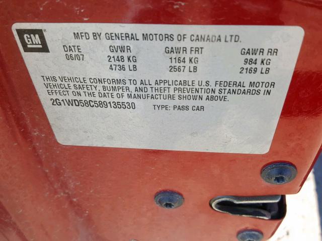 2G1WD58C589135530 - 2008 CHEVROLET IMPALA SUP RED photo 10