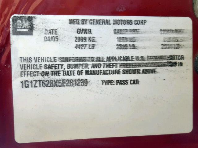 1G1ZT628X5F281239 - 2005 CHEVROLET MALIBU MAX 勃艮第红 照片 10