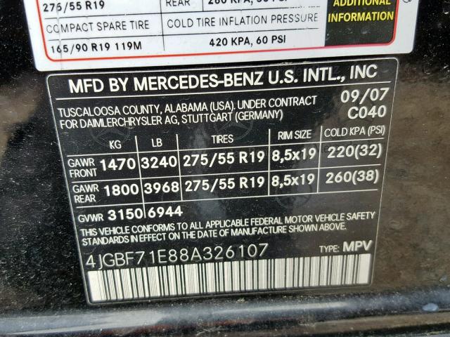 4JGBF71E88A326107 - 2008 MERCEDES-BENZ GL 450 4MA BLACK photo 10