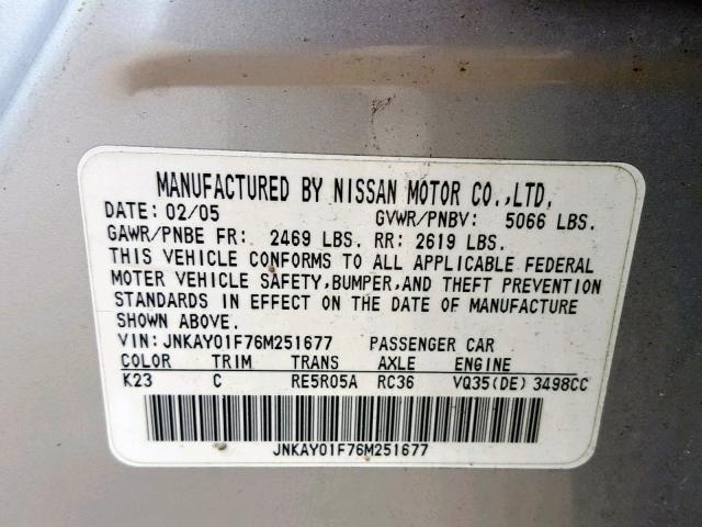 JNKAY01F76M251677 - 2006 INFINITI M35 BASE SILVER photo 10