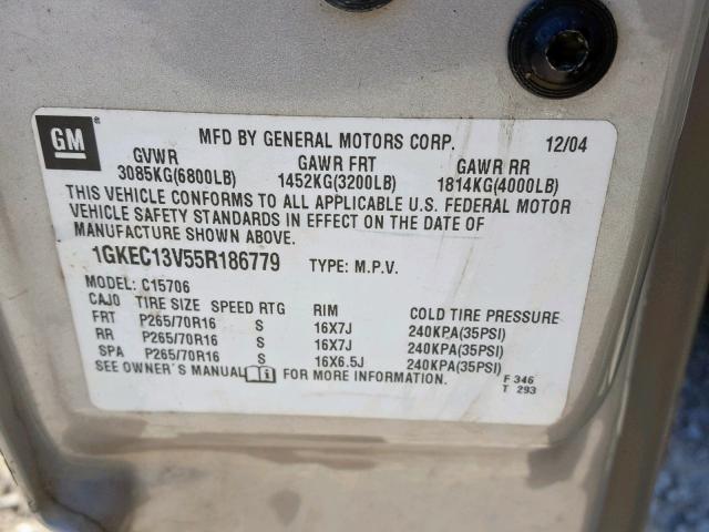 1GKEC13V55R186779 - 2005 GMC YUKON GRAY photo 10