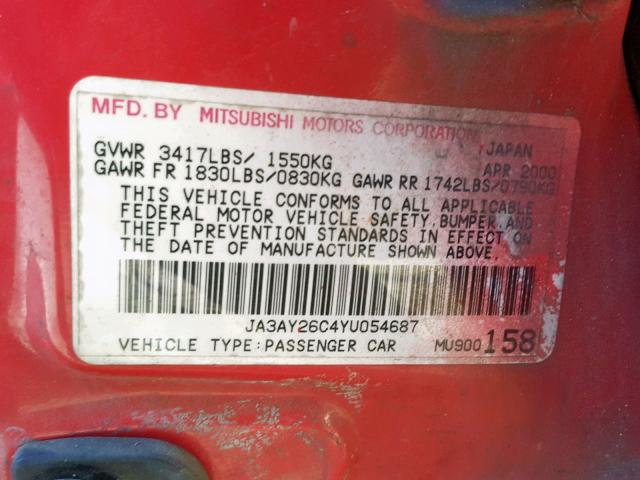 JA3AY26C4YU054687 - 2000 MITSUBISHI MIRAGE DE RED photo 10