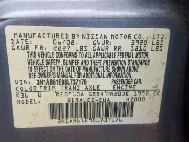 3N1AB61E98L737176 - 2008 NISSAN SENTRA 2.0 GRAY photo 10