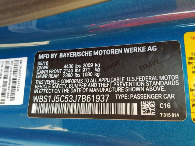 WBS1J5C53J7B61937 - 2018 BMW M2 BLUE photo 10