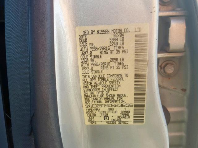 5N1ED28T24C623656 - 2004 NISSAN XTERRA XE SILVER photo 10