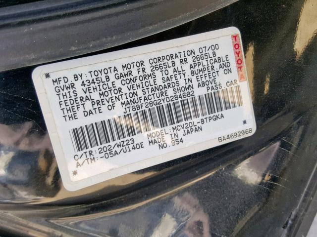 JT8BF28G2Y0284682 - 2000 LEXUS ES 300 BLACK photo 10