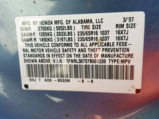 5FNRL38757B061339 - 2007 HONDA ODYSSEY EX BLUE photo 10