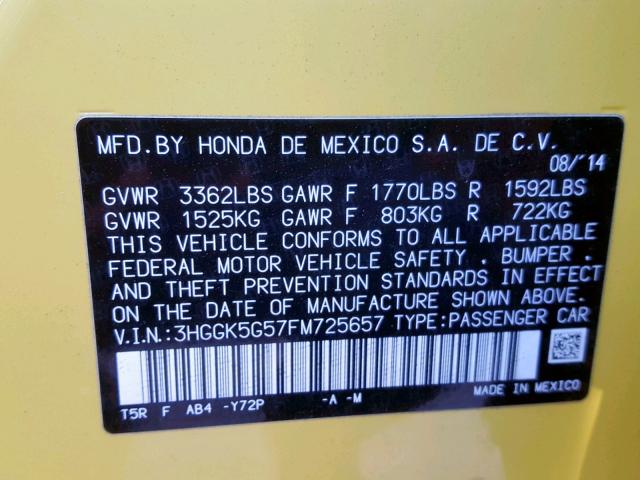 3HGGK5G57FM725657 - 2015 HONDA FIT LX YELLOW photo 10