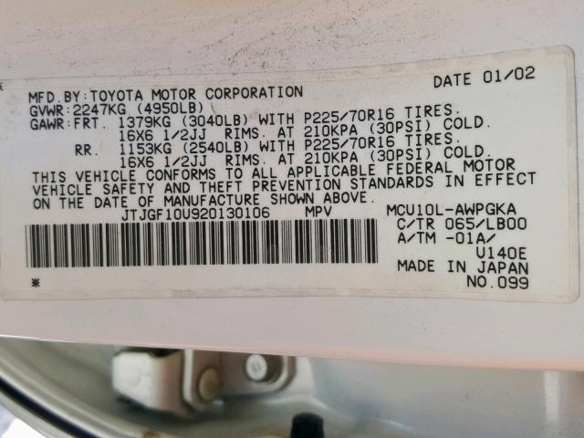 JTJGF10U920130106 - 2002 LEXUS RX 300 WHITE photo 10