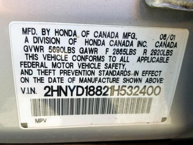 2HNYD18821H532400 - 2001 ACURA MDX TOURIN SILVER photo 10