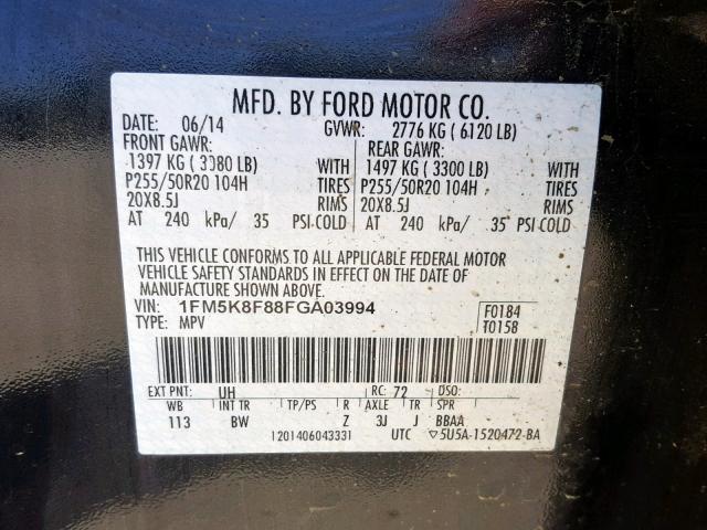 1FM5K8F88FGA03994 - 2015 FORD EXPLORER L BLACK photo 10