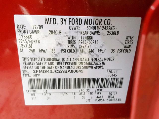 2FMDK3JC2ABA80645 - 2010 FORD EDGE SEL MAROON photo 10