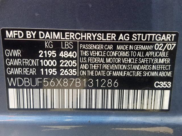 WDBUF56X87B131286 - 2007 MERCEDES-BENZ E 350 BLUE photo 10