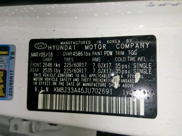 KM8J33A45JU702691 - 2018 HYUNDAI TUCSON SEL WHITE photo 10