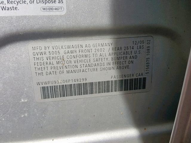 WVWFU93C06P148299 - 2006 VOLKSWAGEN PASSAT 3.6 SILVER photo 10