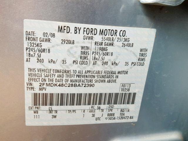 2FMDK48C28BA72390 - 2008 FORD EDGE SEL SILVER photo 10