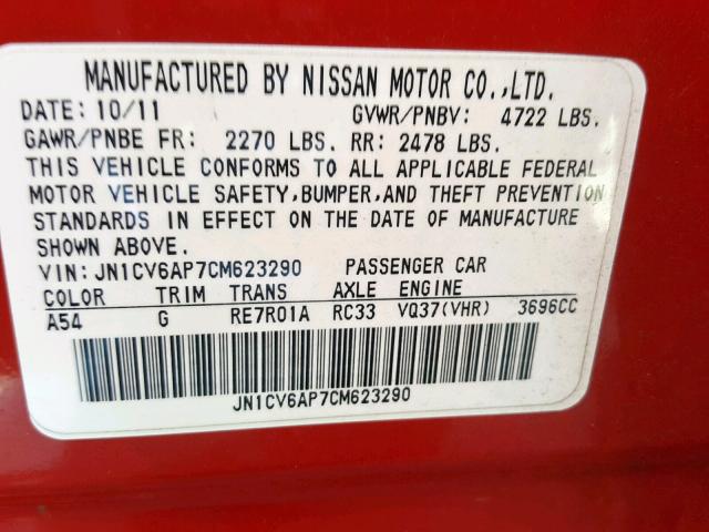 JN1CV6AP7CM623290 - 2012 INFINITI G37 BASE RED photo 10