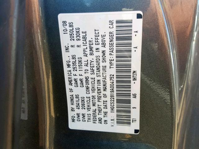 1HGCS22819A004752 - 2009 HONDA ACCORD EXL GRAY photo 10