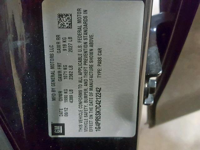 1G4PR5SK7C4212242 - 2012 BUICK VERANO CON BLACK photo 10