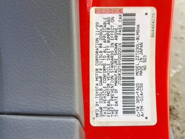 JTDDR32T8Y0022016 - 2000 TOYOTA CELICA GT RED photo 10