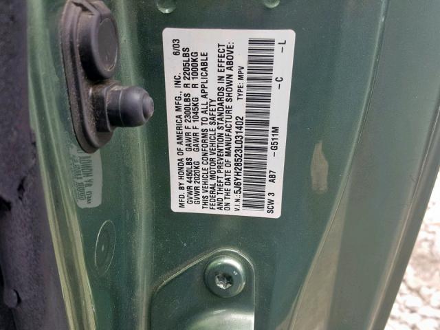 5J6YH28523L031402 - 2003 HONDA ELEMENT EX GREEN photo 10