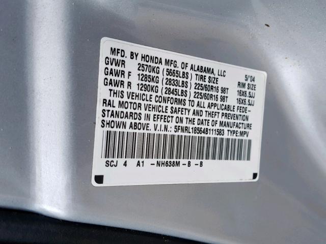 5FNRL18564B111583 - 2004 HONDA ODYSSEY LX SILVER photo 10