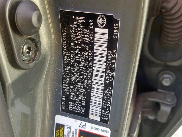 4T1BD1FK3CU003155 - 2012 TOYOTA CAMRY HYBR GRAY photo 10