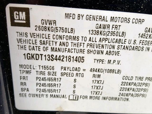 1GKDT13S442181405 - 2004 GMC ENVOY BLUE photo 10