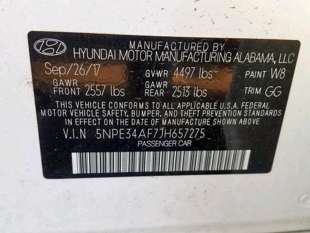 5NPE34AF7JH657275 - 2018 HYUNDAI SONATA SPO WHITE photo 10