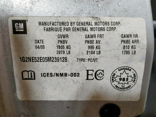 1G2NE52E05M239128 - 2005 PONTIAC GRAND AM S SILVER photo 10